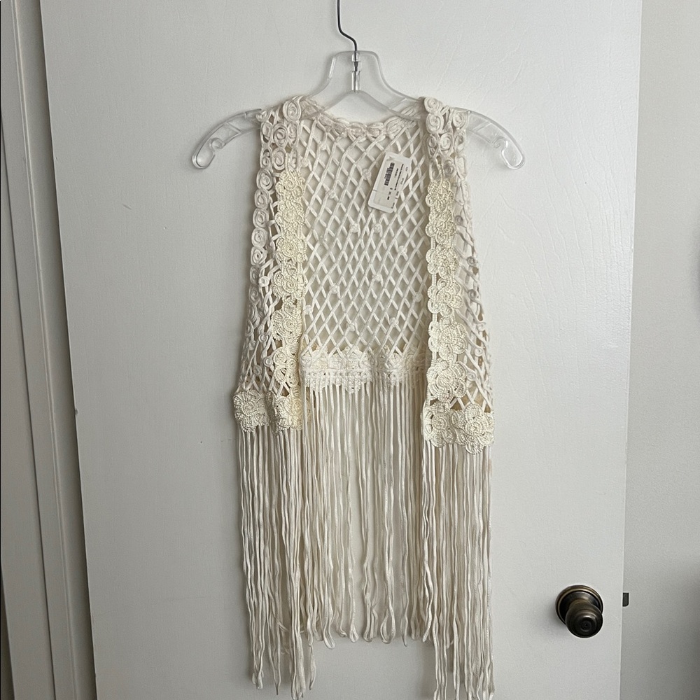 Cream Crochet Fringe Vest NWT